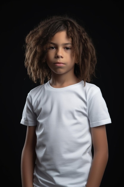 Ein Junge mit Dreadlocks und einem weißen T-Shirt steht vor einem schwarzen Hintergrund.