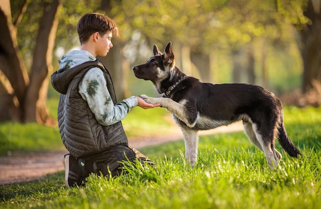 Ein Junge mit einem Hund geht an einem sonnigen Frühlingsabend im Park spazieren, sitzt auf dem Gras, der Hund gehorcht dem Befehl, eine Pfote zu geben Freundschaft von Mensch und Tier gesunder Lebensstil