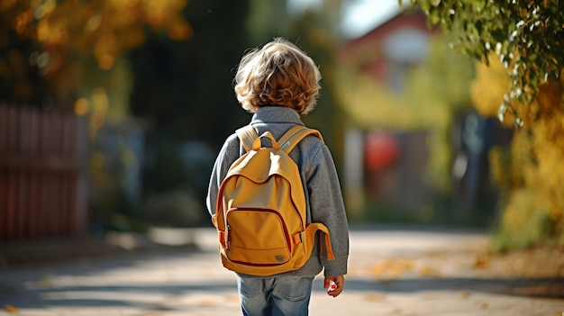 Ein Junge mit einem Rucksack geht eine Straße entlang.