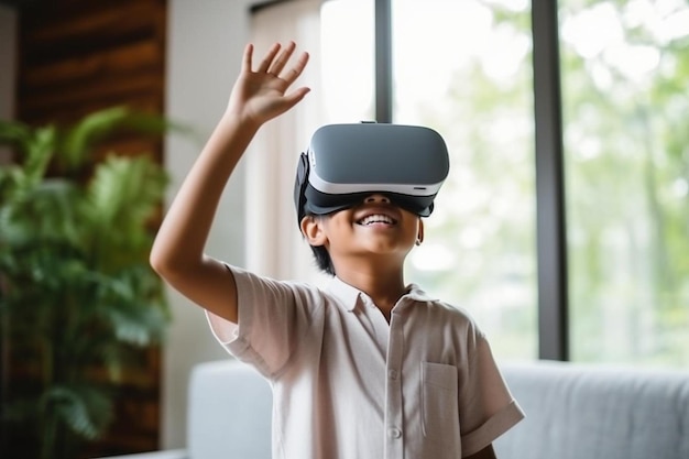 ein Junge mit einem virtuellen Realitäts-Headset trägt ein virtuelles Realitätsheadset