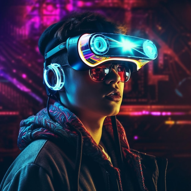 Ein Junge mit einer Neonbrille mit dem Wort „vr“ darauf generative ai