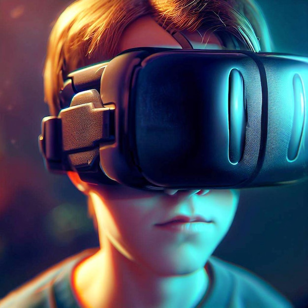 Ein Junge mit einer Virtual-Reality-Brille und einem blauen Licht hinter sich.