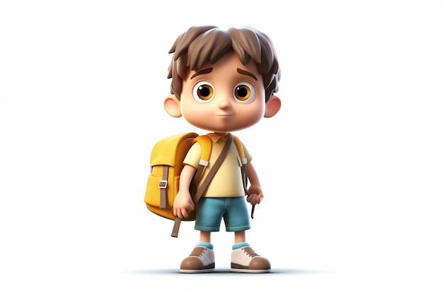 Ein Junge mit gelbem Rucksack steht vor weißem Hintergrund.