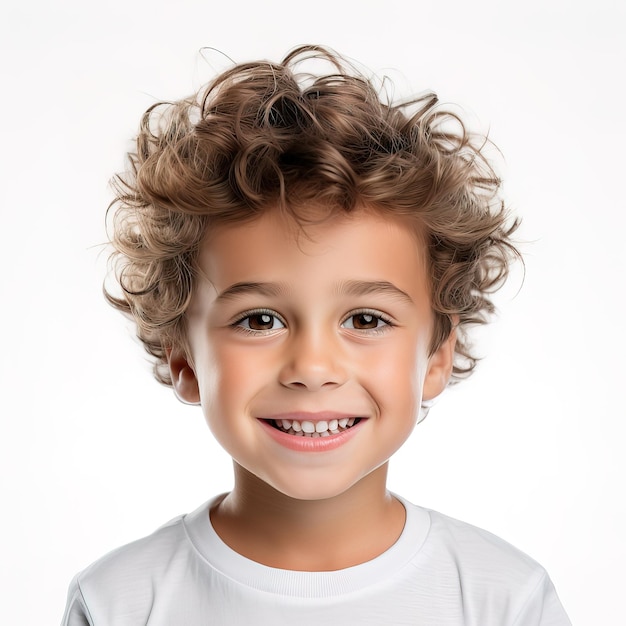 ein Junge mit lockigem Haar und einem weißen Hemd mit der Aufschrift „Er lächelt“.