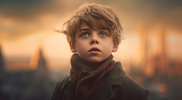 Ein Junge mit Mantel und blauen Augen blickt in den Himmel.