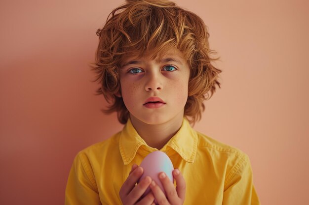 Ein Junge mit Ostereier-Pfirsichfarbenem Hintergrund Glückliches Osterkartenkonzept