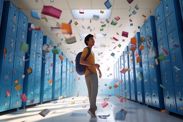 Ein Junge mit Rucksack steht vor vielen Büchern in der Luft