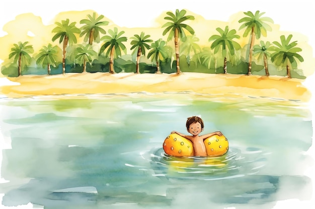 Ein Junge mit schwebendem Wasserspiel am Strand. Aquarell-Illustration