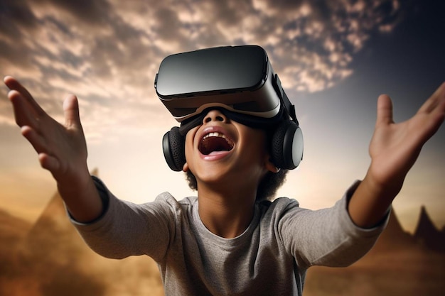 Ein Junge mit Virtual-Reality-Brille spielt ein Spiel mit der Sonne im Rücken.