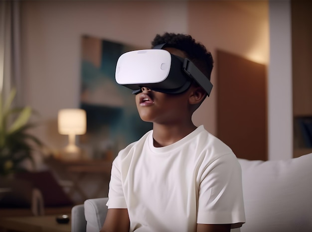 Ein Junge mit vr-Headset sitzt auf einer Couch.