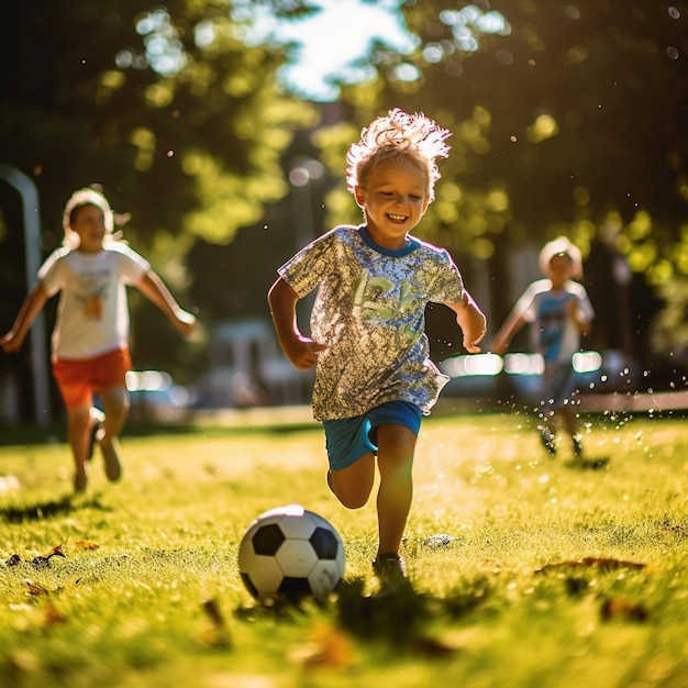 Ein Junge rennt mit einem Fußball über ein Feld.