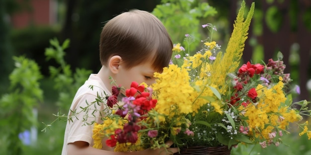 Ein Junge riecht Blumen in einem Garten