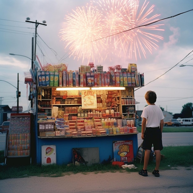 Ein Junge schaut sich von einem blauen Stand aus ein Feuerwerk an.