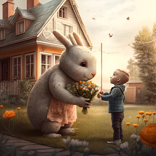 Ein Junge schenkt einem Kaninchen einen Blumenstrauß.