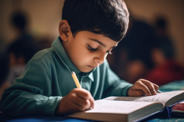 Ein Junge schreibt an einem Buch.