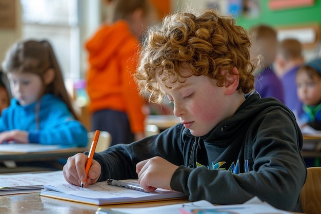 ein Junge schreibt mit einem Stift in der Hand
