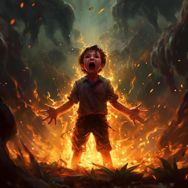 Ein Junge schreit vor einem brennenden Feuer.