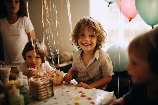 Ein Junge sitzt an einem Tisch mit einem Kuchen und einer Schachtel Süßigkeiten darauf.