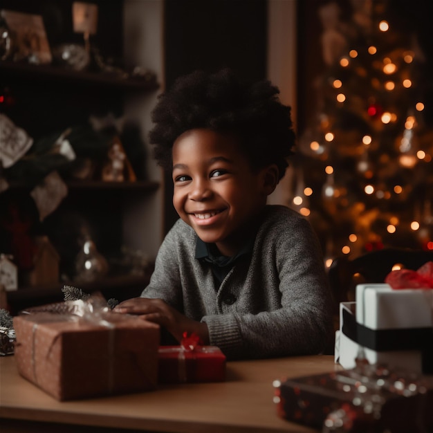 Ein Junge sitzt an einem Tisch mit einem Weihnachtsbaum im Hintergrund
