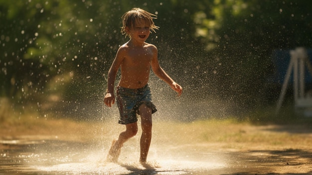 Ein Junge spielt in einer Wasserpfütze