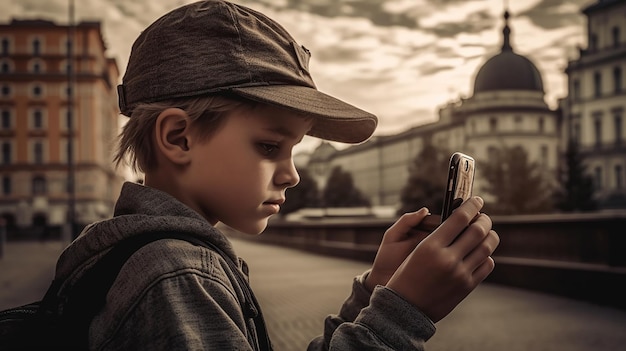 Foto ein junge spielt mit einem telefon vor einem gebäude
