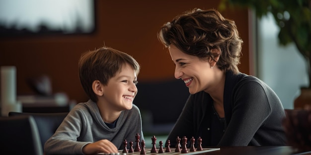 Ein Junge spielt Schach mit seiner Mutter Generative KI