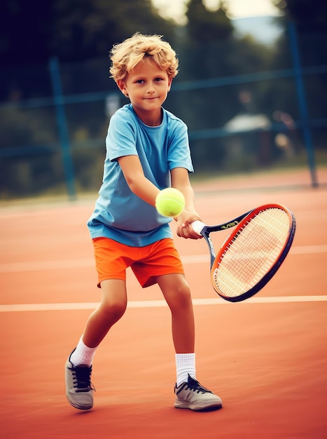 Ein Junge spielt Tennis auf dem Platz