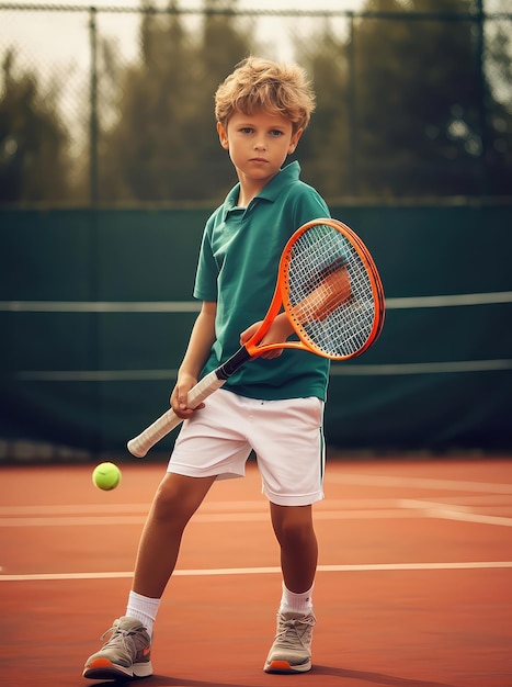 Ein Junge spielt Tennis auf dem Platz