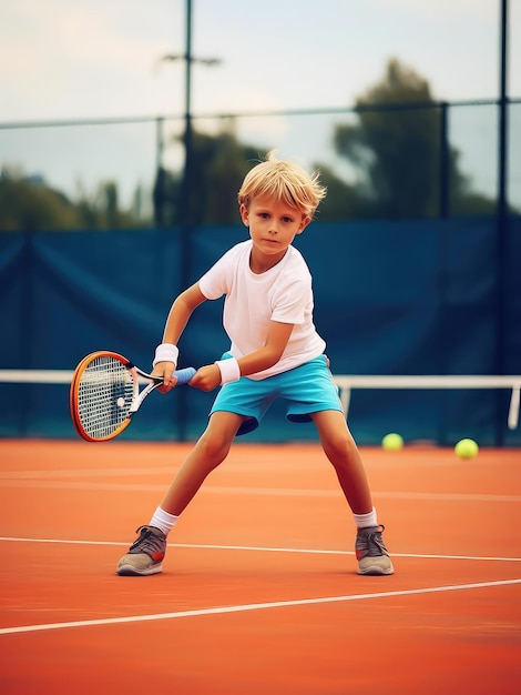 Ein Junge spielt Tennis auf dem Platz