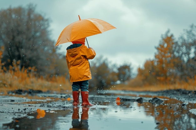 Ein Junge steht am Rande einer Pfütze und hält seinen Regenschirm fest und trägt einen Regenmantel