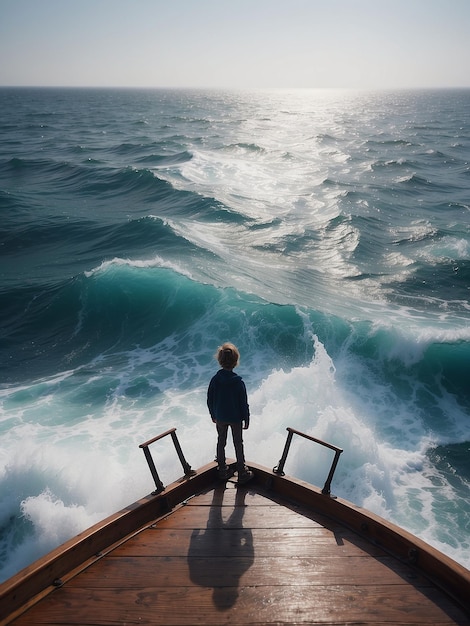 Ein Junge steht am Rande eines Schiffes mitten im Ozean