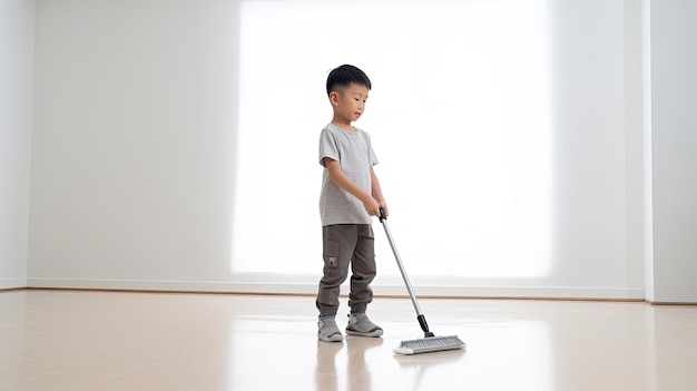 ein Junge steht mit einem Mopp da, um den weißen Boden zu reinigen und zu fegen