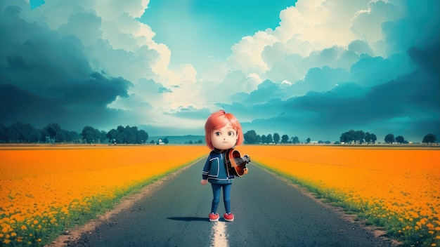 Ein Junge steht mit einer Geige in der Hand auf einer Straße.