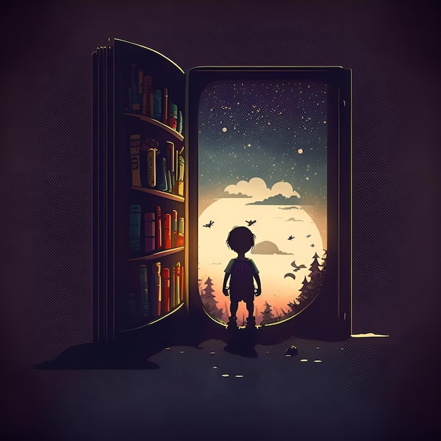 Ein Junge steht vor einem Bücherregal mit einem Bücherregal im Hintergrund.