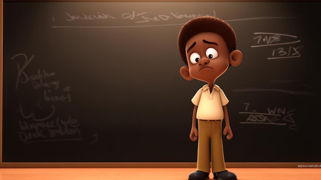 Ein Junge steht vor einer Tafel mit dem Wort Mathe darauf.