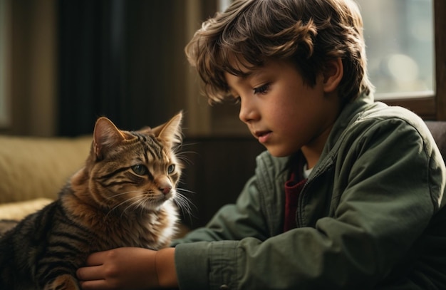 Ein Junge streichelt seine Katze