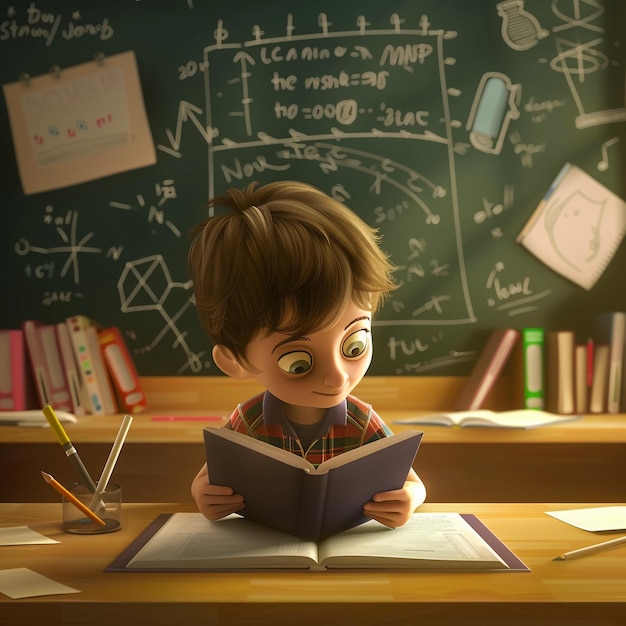 Ein Junge studiert im Klassenzimmer mit einer Tafel als dreidimensionalen und klaren Hintergrund