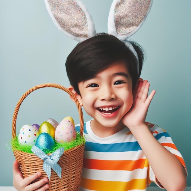 ein Junge trägt ein gestreiftes Hemd mit Kaninchenohren und einen Korb mit Ostereien darin