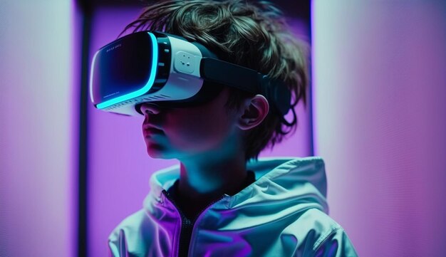 Ein Junge trägt ein VR-Headset vor einem violetten Licht.
