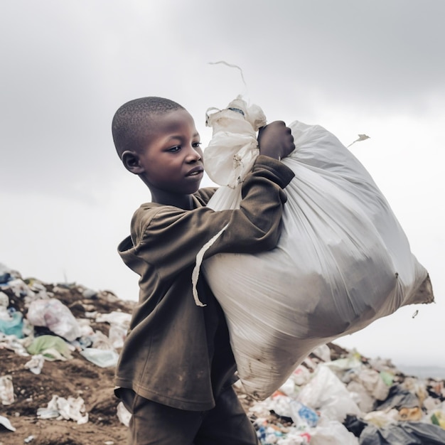 Ein Junge trägt eine Tüte Müll auf einer Mülldeponie