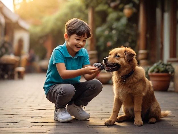 ein Junge und ein Hund spielen mit einem Hund