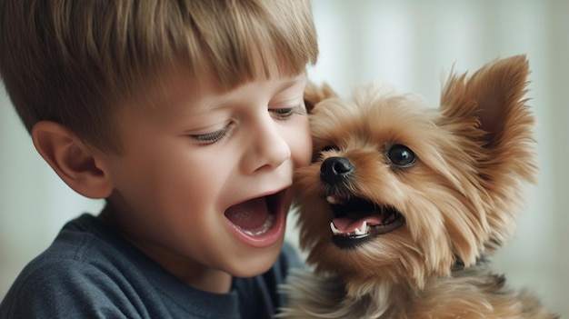 Ein Junge und ein Hund umarmen sich