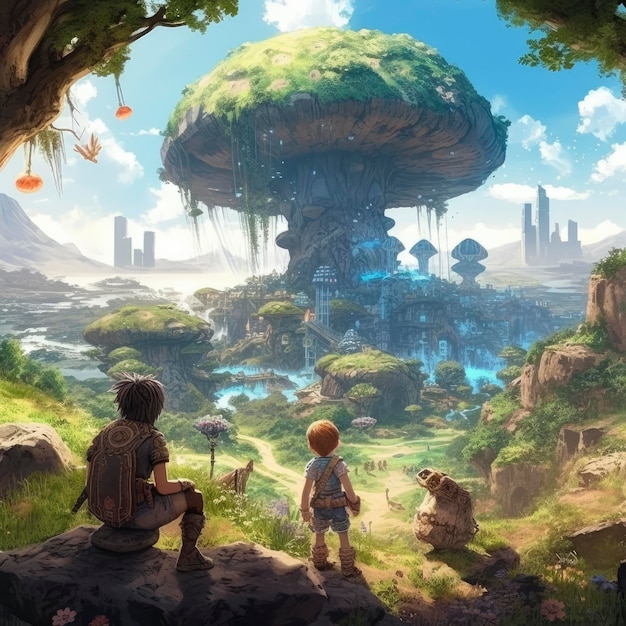 Ein Junge und ein Mädchen betrachten ein Pilzhaus