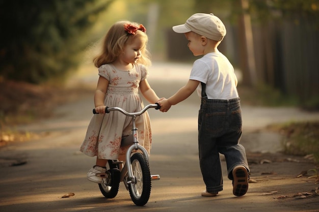 Ein Junge und ein Mädchen fahren Fahrrad und der Junge trägt einen Hut und hält sich an den Händen.