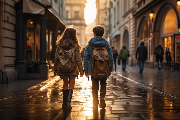 Ein Junge und ein Mädchen gehen Händchen haltend auf einer Stadtstraße zur Schule. Zurück zur Schule. Generation KI