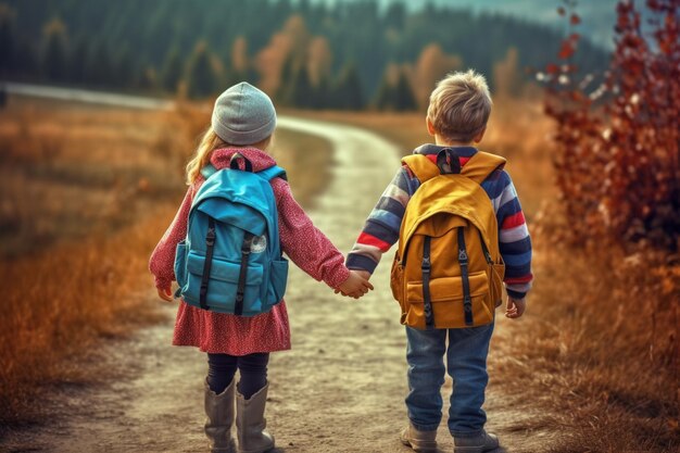 Ein Junge und ein Mädchen halten sich an den Händen, gehen einen Weg entlang, halten sich an den Händen, halten sich an den Händen und das Wort Schule auf der Rückseite des Rucksacks.