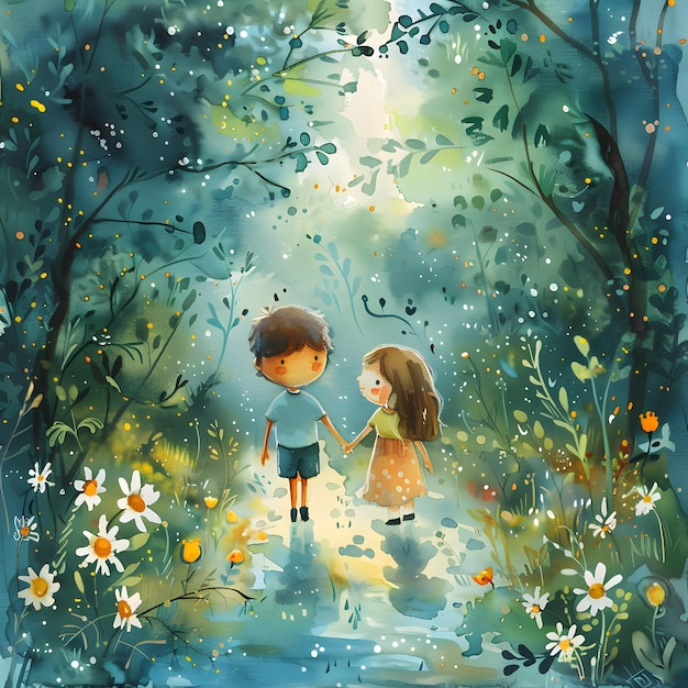 Ein Junge und ein Mädchen halten sich im Wald, umgeben von Pflanzen und Blumen, an den Händen