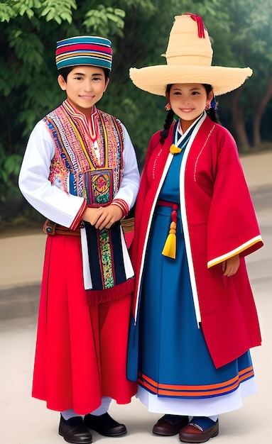 Foto ein junge und ein mädchen in traditioneller kleidung posieren für ein foto.