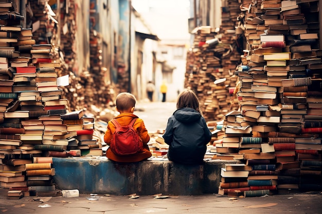 Ein Junge und ein Mädchen lesen Bücher auf der Straße zwischen hohen Bücherstapeln und einer improvisierten Bibliothek auf der Straße