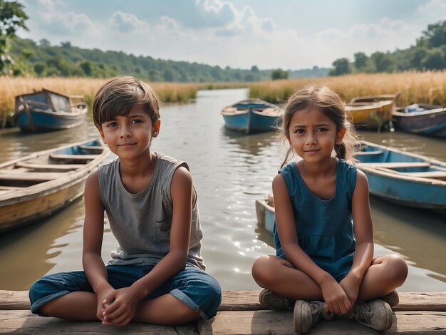 Ein Junge und ein Mädchen sitzen zwischen den Booten im Fluss